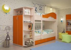 Кровать Мая двухъярусная с ящиками и шкафом Млечный дуб/Оранжевый в Ачинске - achinsk.katalogmebeli.com | фото