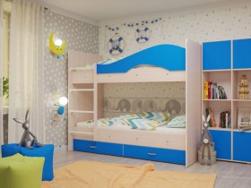 Кровать Мая двухъярусная с ящикамиМлечный дуб/Голубой в Ачинске - achinsk.katalogmebeli.com | фото