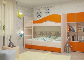 Кровать Мая двухъярусная с ящикамиМлечный дуб/Оранжевый в Ачинске - achinsk.katalogmebeli.com | фото
