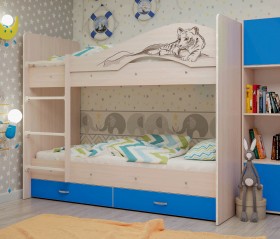 Кровать Мая-Сафари двухъярусная с ящикамиМлечный дуб/Голубой в Ачинске - achinsk.katalogmebeli.com | фото