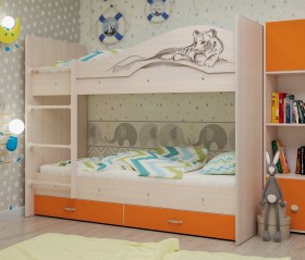 Кровать Мая-Сафари двухъярусная с ящикамиМлечный дуб/Оранжевый в Ачинске - achinsk.katalogmebeli.com | фото