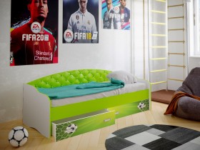 Кровать Софа-8 с мягкой спинкой фотопечать Футбол (900х1900) Белый/Лайм в Ачинске - achinsk.katalogmebeli.com | фото